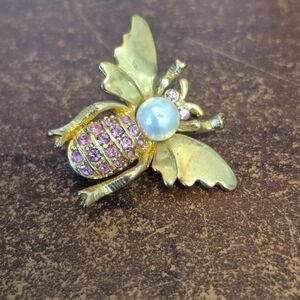 Gold and Pink Bee Brooch with Pearl Accent